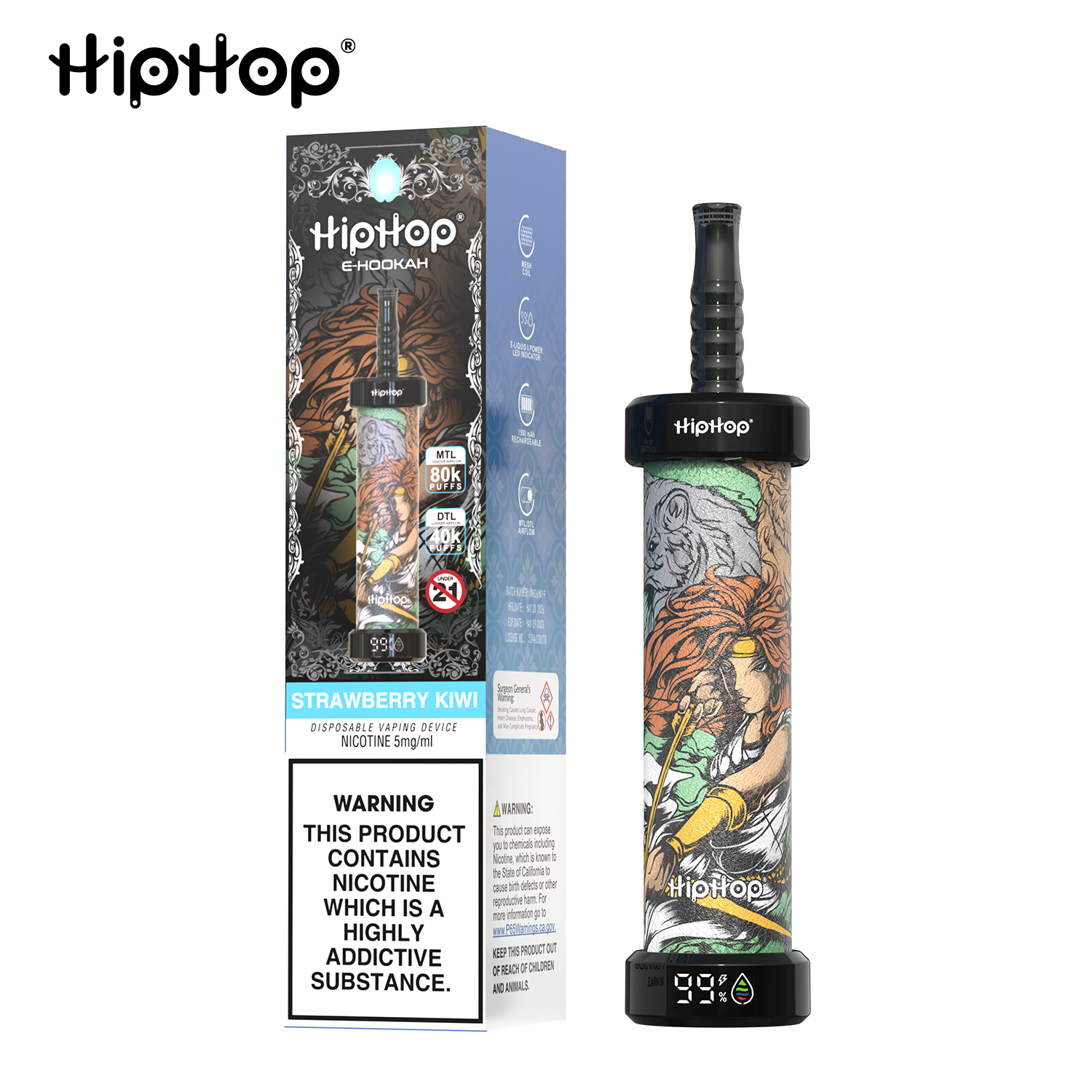 HIPHOP 80k Puffs Prefilled Hookah Vape |  Rechargeable