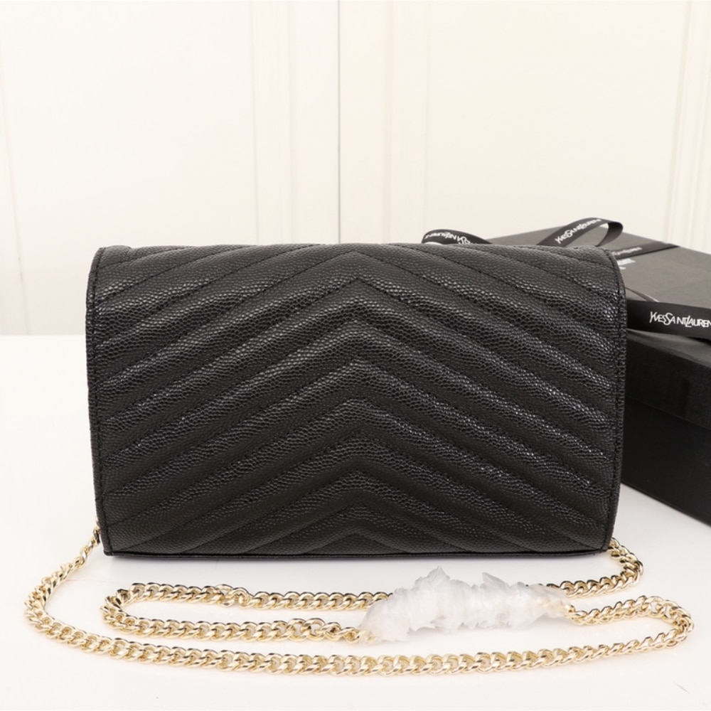Saint Laurent Classic Cassandre Grain De Poudre Chain Wallet Black 22cm 377828BOW011000
