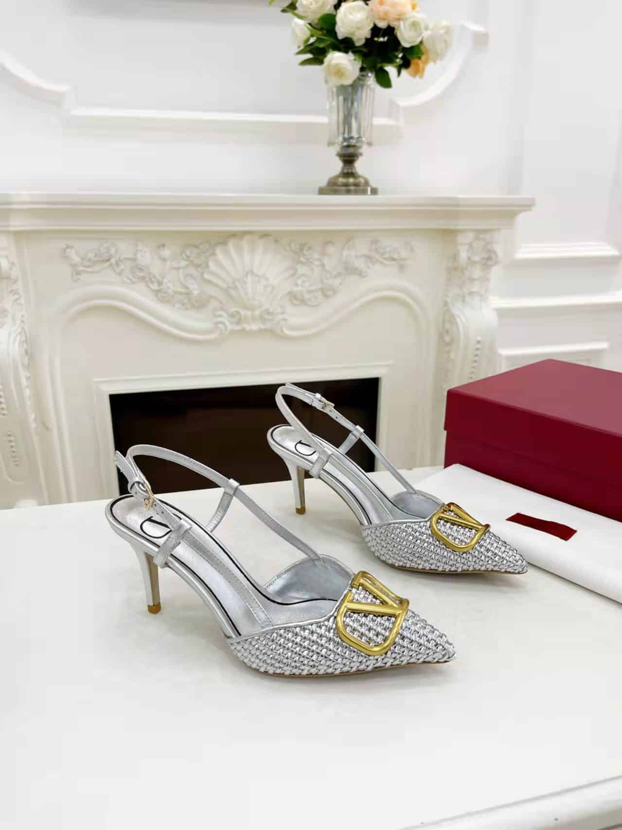 Valentino Garavani VLogo Woven Leather Slingback Pumps Silver
