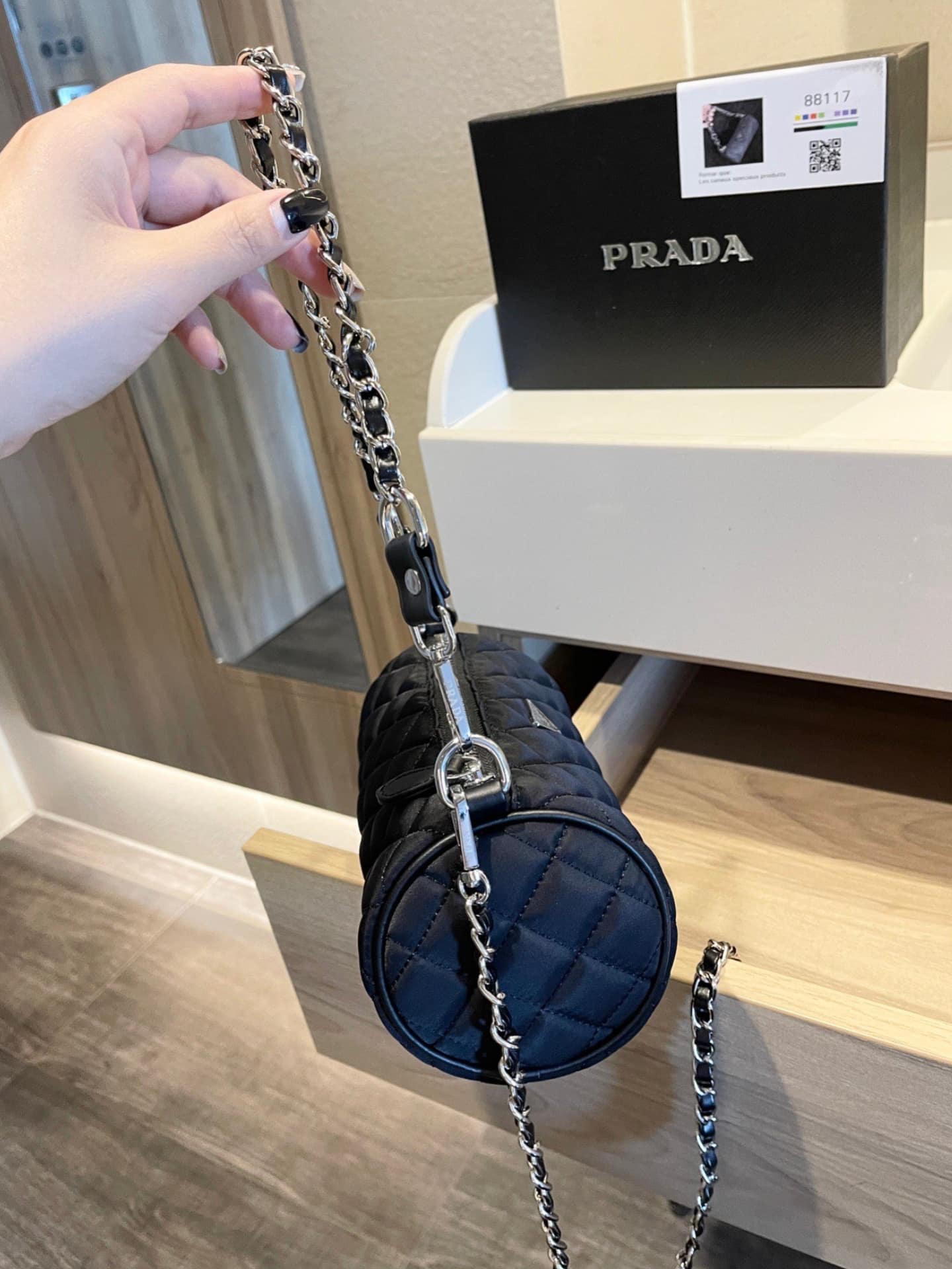 Prada Tessuto Black Quilted Barrel Bag Black 20Cm