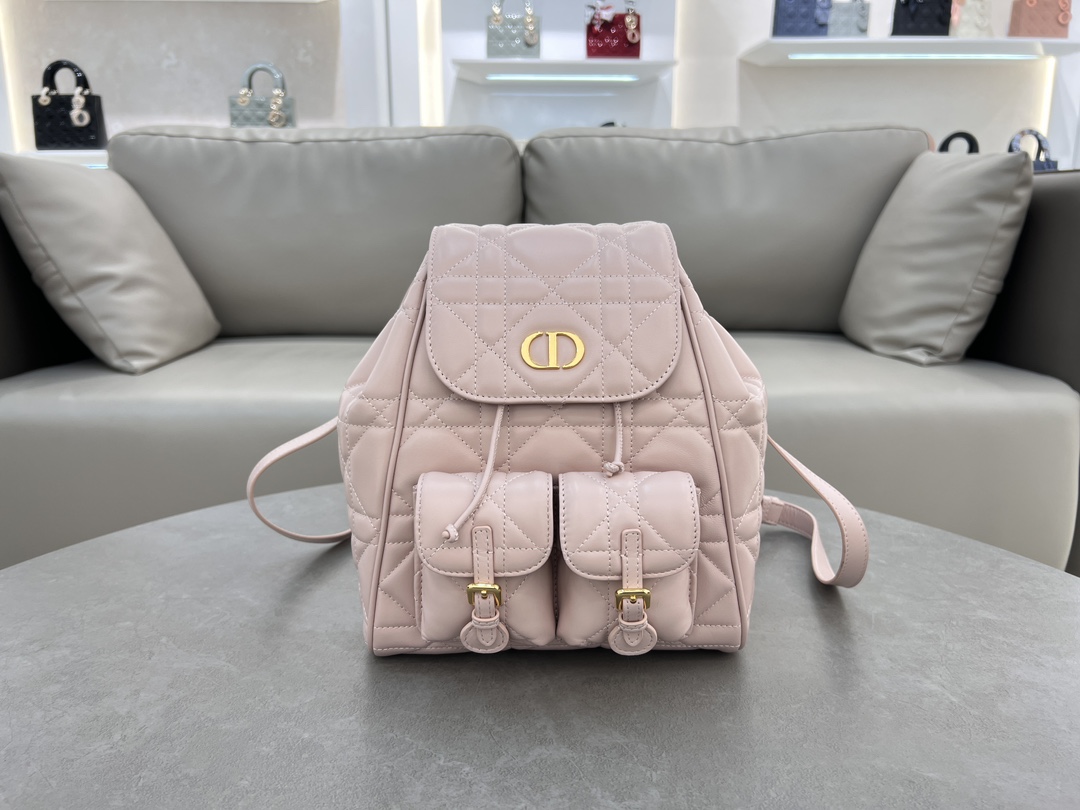 Medium Dior Caro backpack pink sheep leather oversized rattan plaid