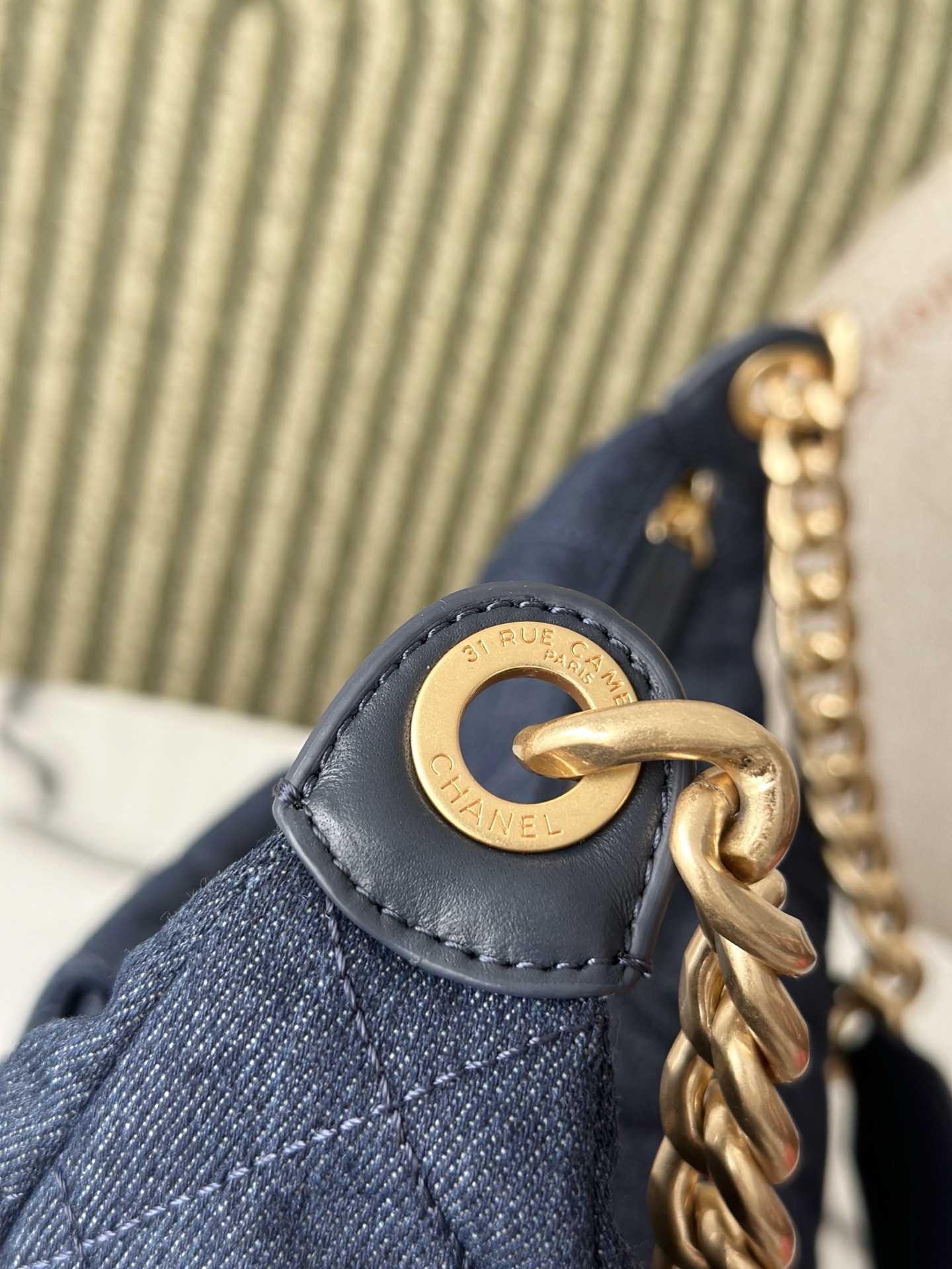 Dark Blue Denim Multi-Pocket Hobo Bag with Gold Hardware