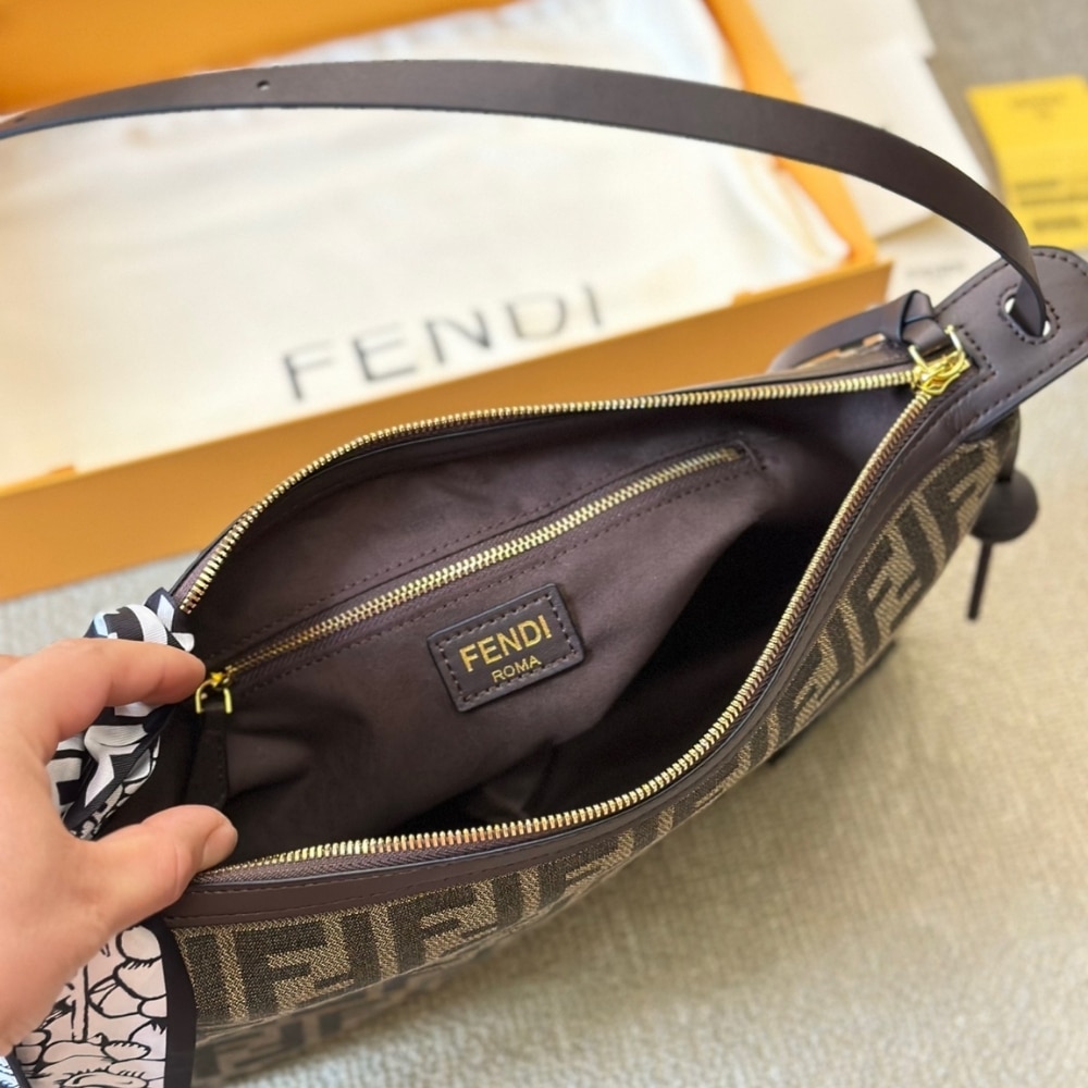 Fendi Simply Fendi Medium Brown Ff Jacquard Fabric Bag 25Cm