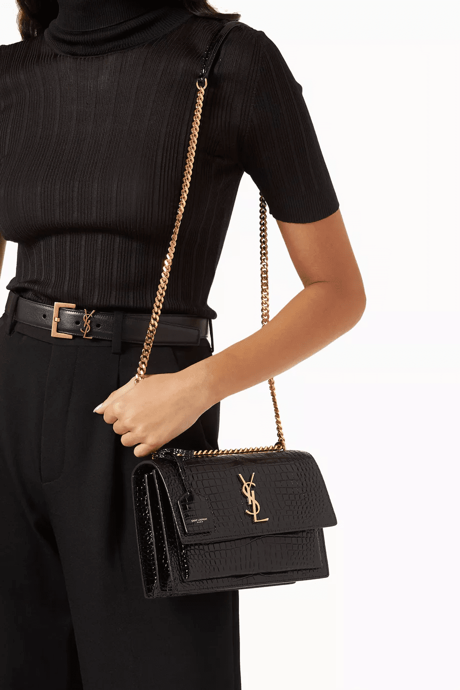 Saint Laurent Sunset Medium In Crocodile Embossed Leather Black 22Cm