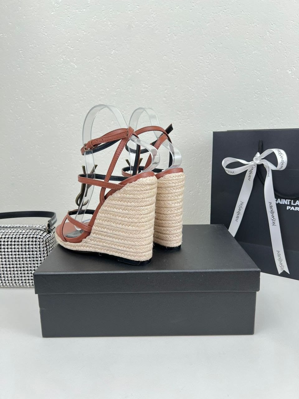 Saint Laurent Cassandra 115 Leather And Raffia Wedge Brown Sandals
