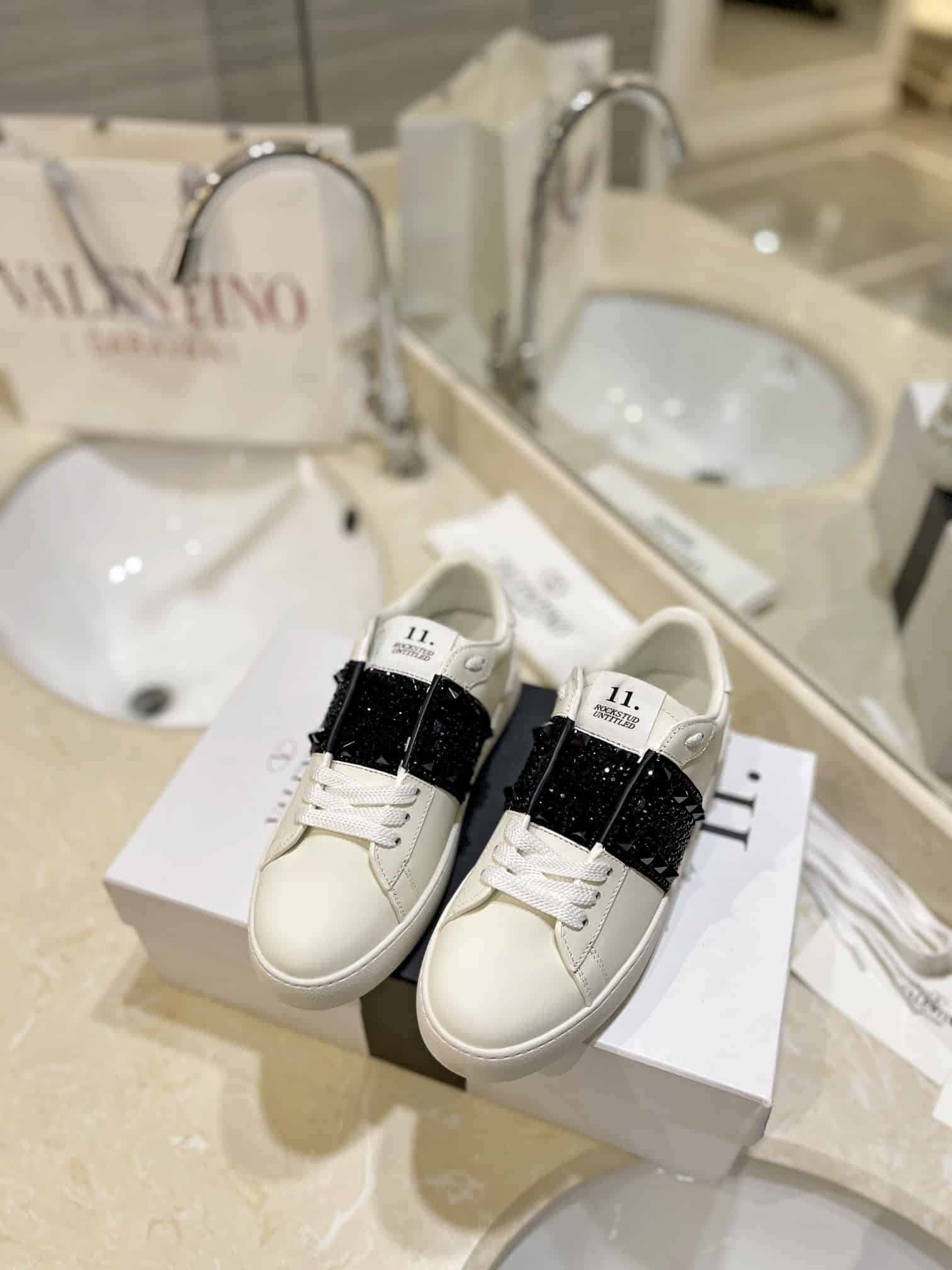 Valentino Garavani Rockstud Untitled Crystal Embellished Leather Sneakers Black