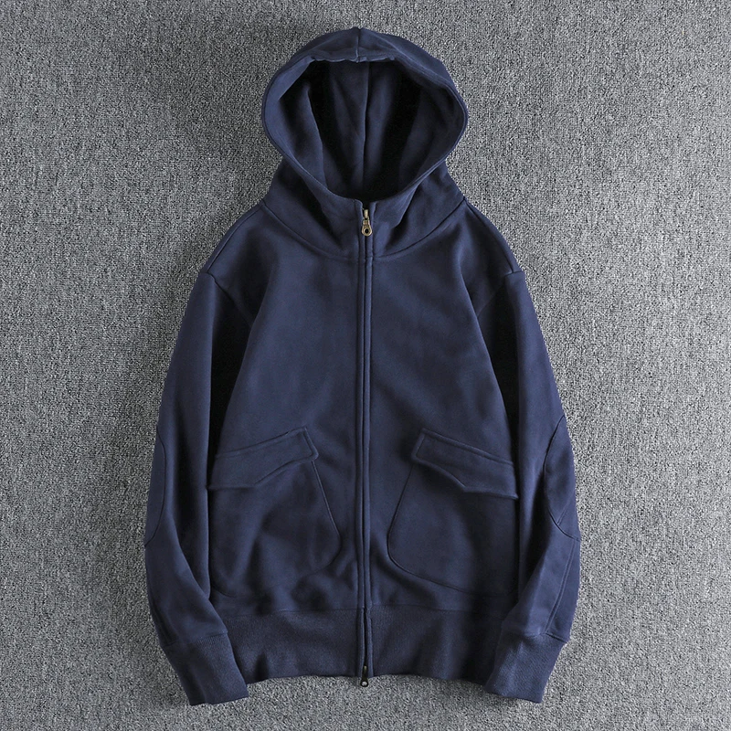 Sweater cardigan jacket male niche original design autumn and winter plus velvet padded heavy retro hooded jacket