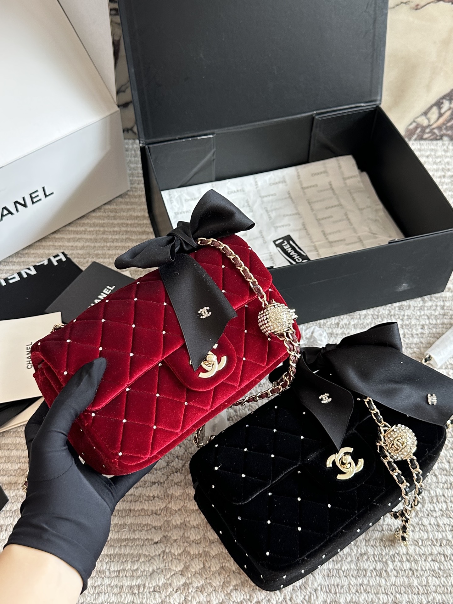 CHANEL Velvet Crystal-Ball Chain Flap Bag
