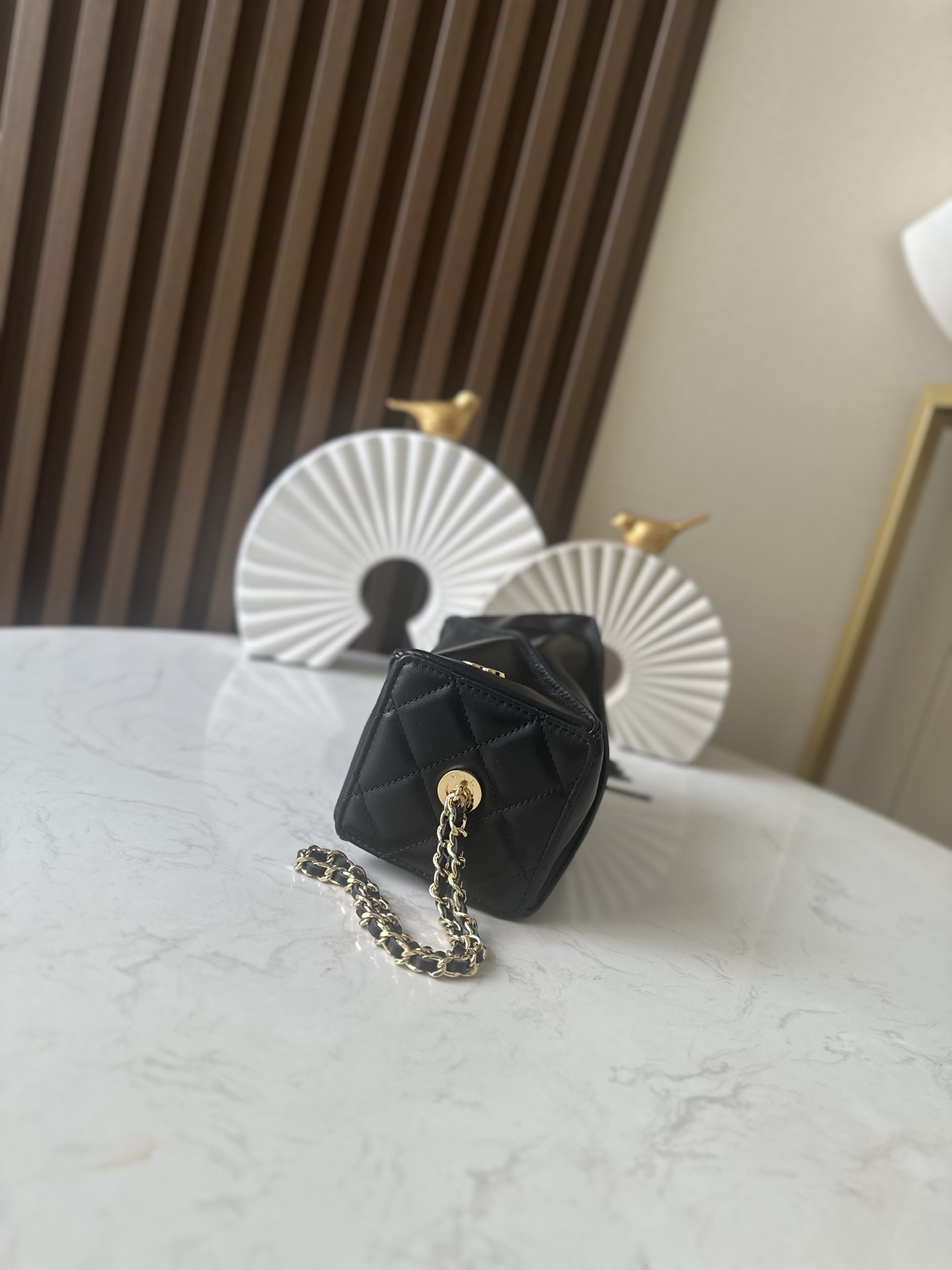 Black Lambskin Quilted Lantern Chain Shoulder Bag