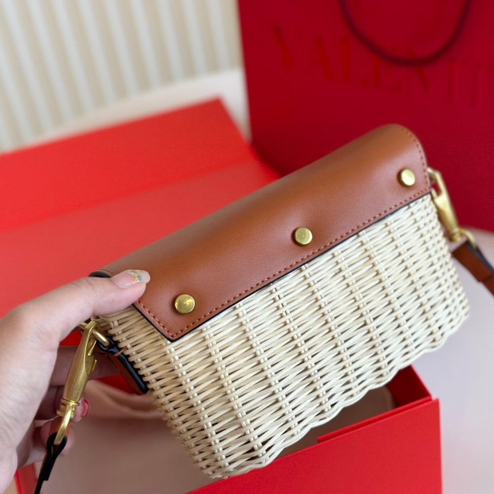 Valentino Loco VLogo Flap Straw Shoulder Bag Brown 18Cm