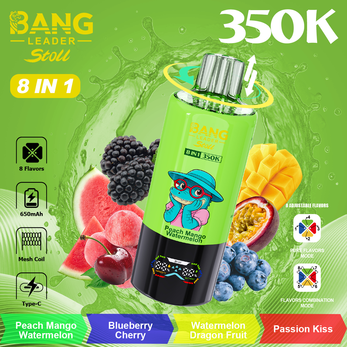 Bang Leader 350K Puffs 8-in-1 Prefilled Vape | 8 Flavors in 1 Device,  Rechargeable, 3%  5%