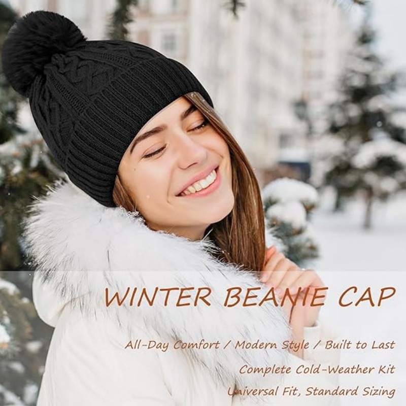 Winter Beanie with Pom Pom Cable Knit Beanie Hats
