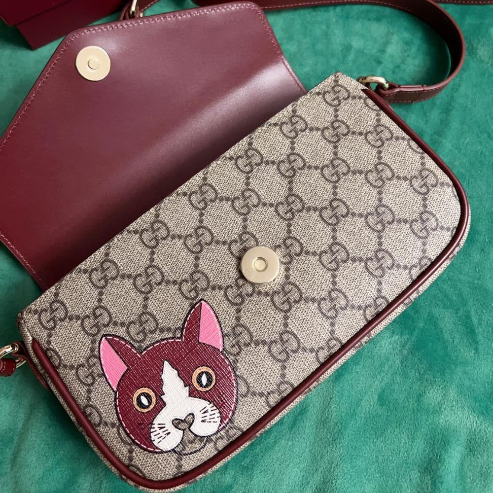 Gucci Gg Mini Shoulder Bag With Cat Detail Beige And Dark Brown 22Cm