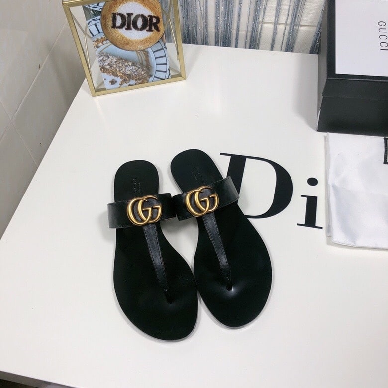 Gucci Double G Thong Leather Black ?497444 A3N00 1000