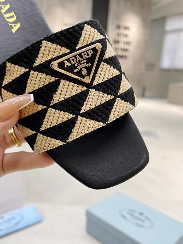 Prada Embroidered Fabric Slides Black Yellow