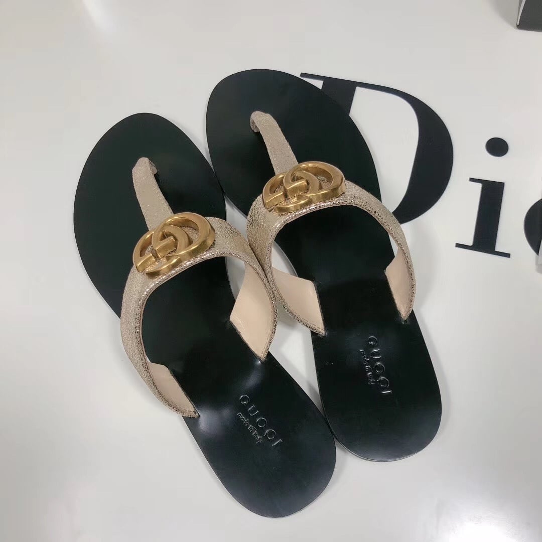 Gucci Double G Thong Leather Metallic Gold ?497444 0B7N0 7100