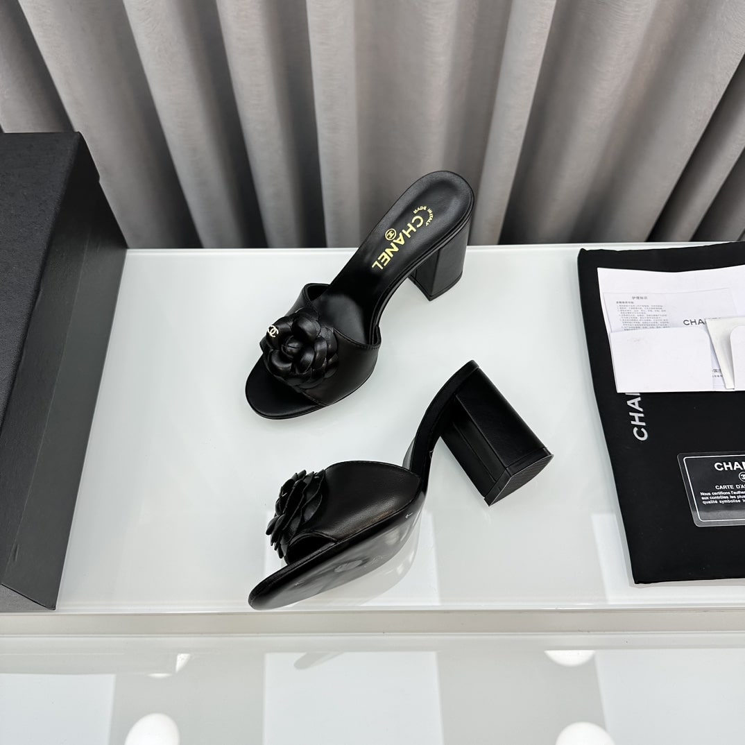 Chanel Camellia Medium Heel Slippers Black