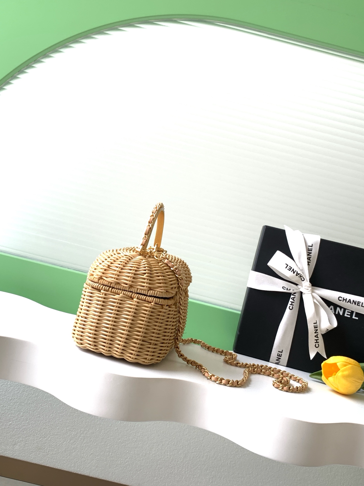Wicker Vanity Case with Chain (AS4680) in Natural Wicker & Calfskin with Gold-Tone Hardware, 26C Cruise Collection