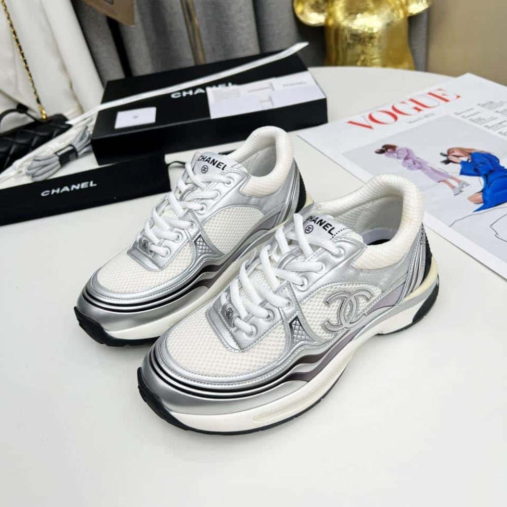 Chanel 23C Silver Metallic Cc Logo Lace Up Flat Runner Trainer Sneaker White G39792 Y56368 K5451