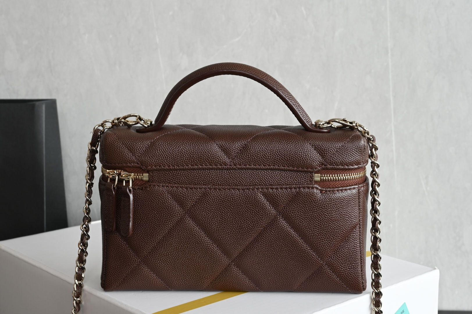 Small Vanity Case in Dark Brown Quilted Caviar Calfskin with Light Gold-Tone Hardware