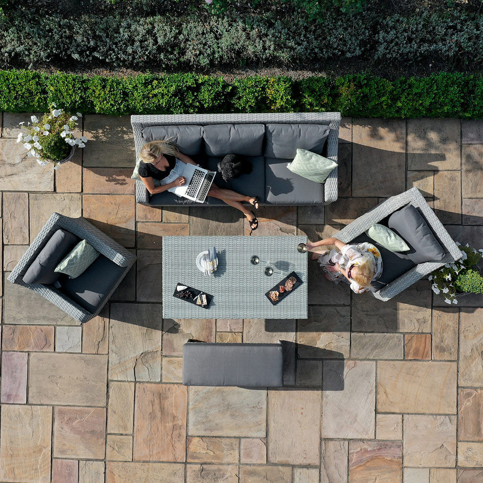 Snug 3 Seat Rattan Sofa Dining Set with Fire Pit Table & Weatherproof Cushions
