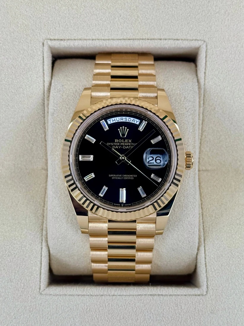 Rolex  Yellow Gold President Day Date 40mm Black Diamond Baguette Dial - 228238