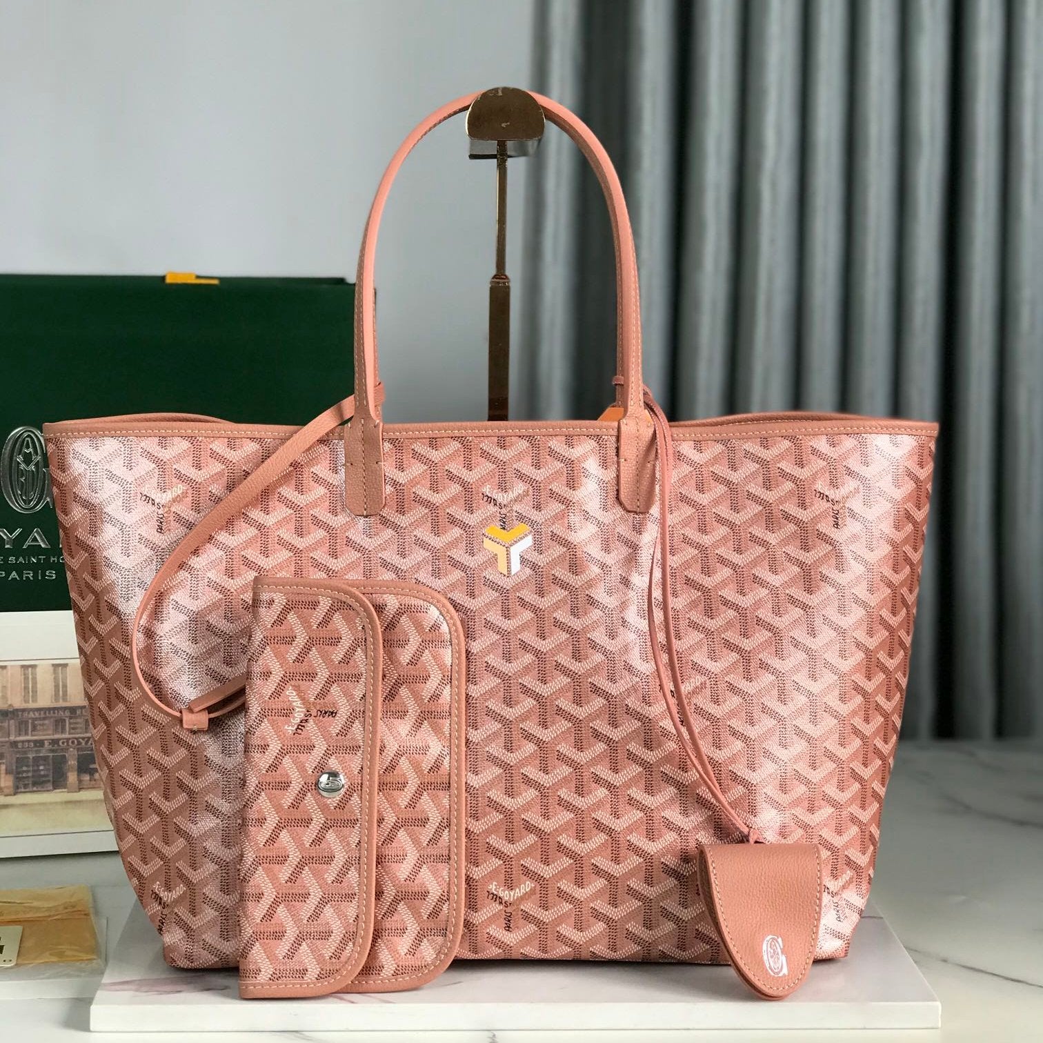 Goyard Saint Louis Pm Bag 34Cm Pink Canvas Chevroches Calfskin