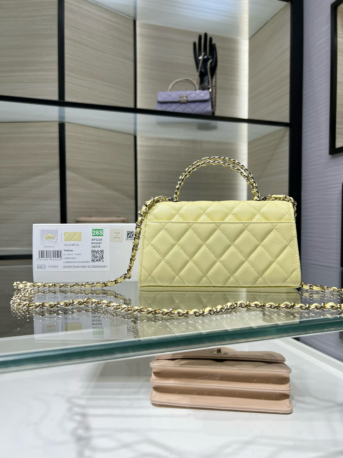 26S Spring-Summer Collection AP3238 Mini Top Handle Flap Bag in Yellow Quilted Grained Calfskin (Caviar) with Gold-Tone Hardware