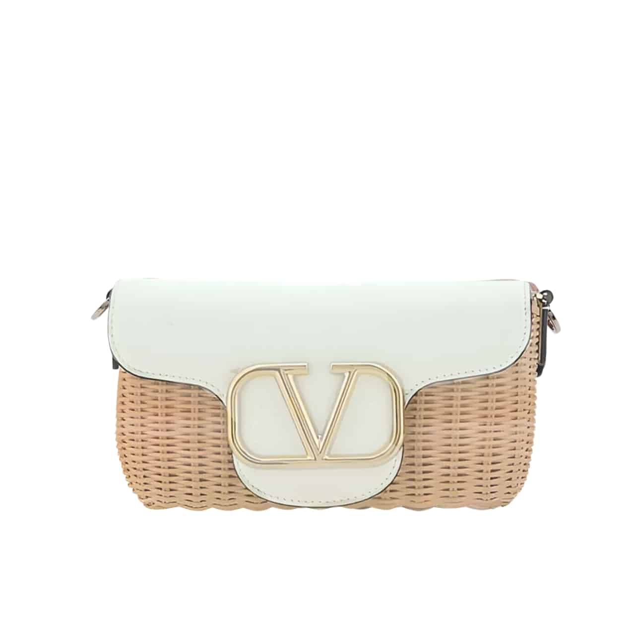 Valentino Loco VLogo Flap Straw Shoulder Bag White 18Cm