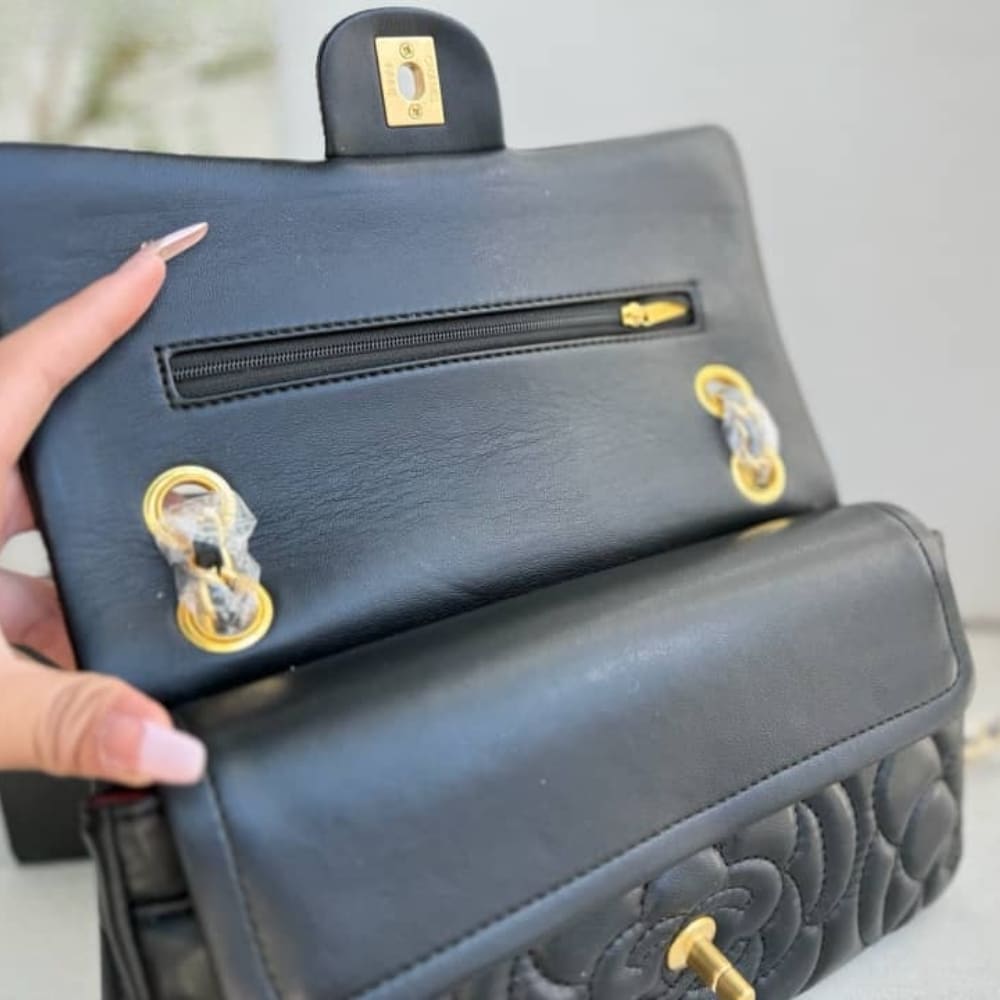 Chanel Flap Bag With Camellia Flower Chain Black 26Cm
