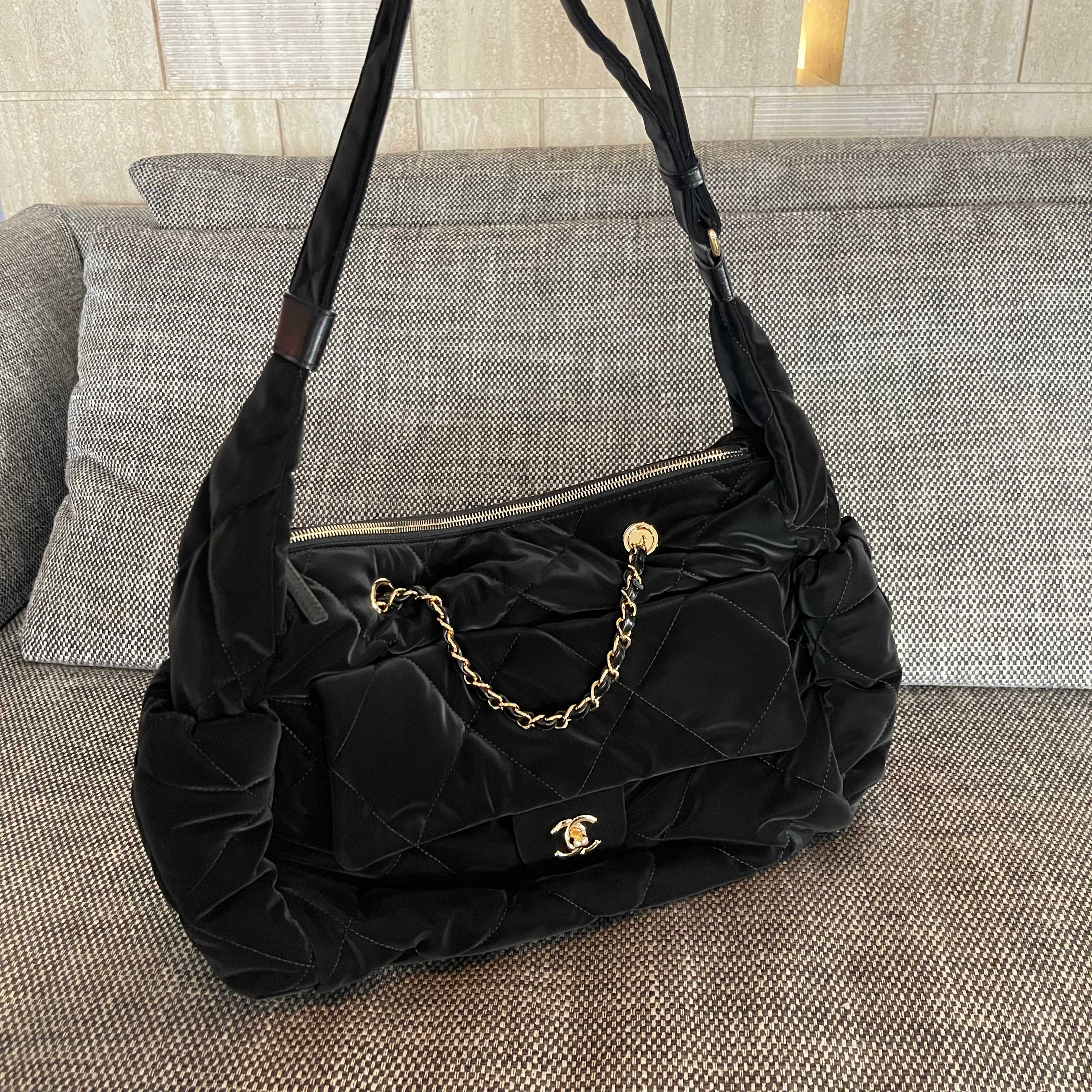 24N Coco Neige Large Hobo Bag in Black Satin Nylon (Gold Hardware)