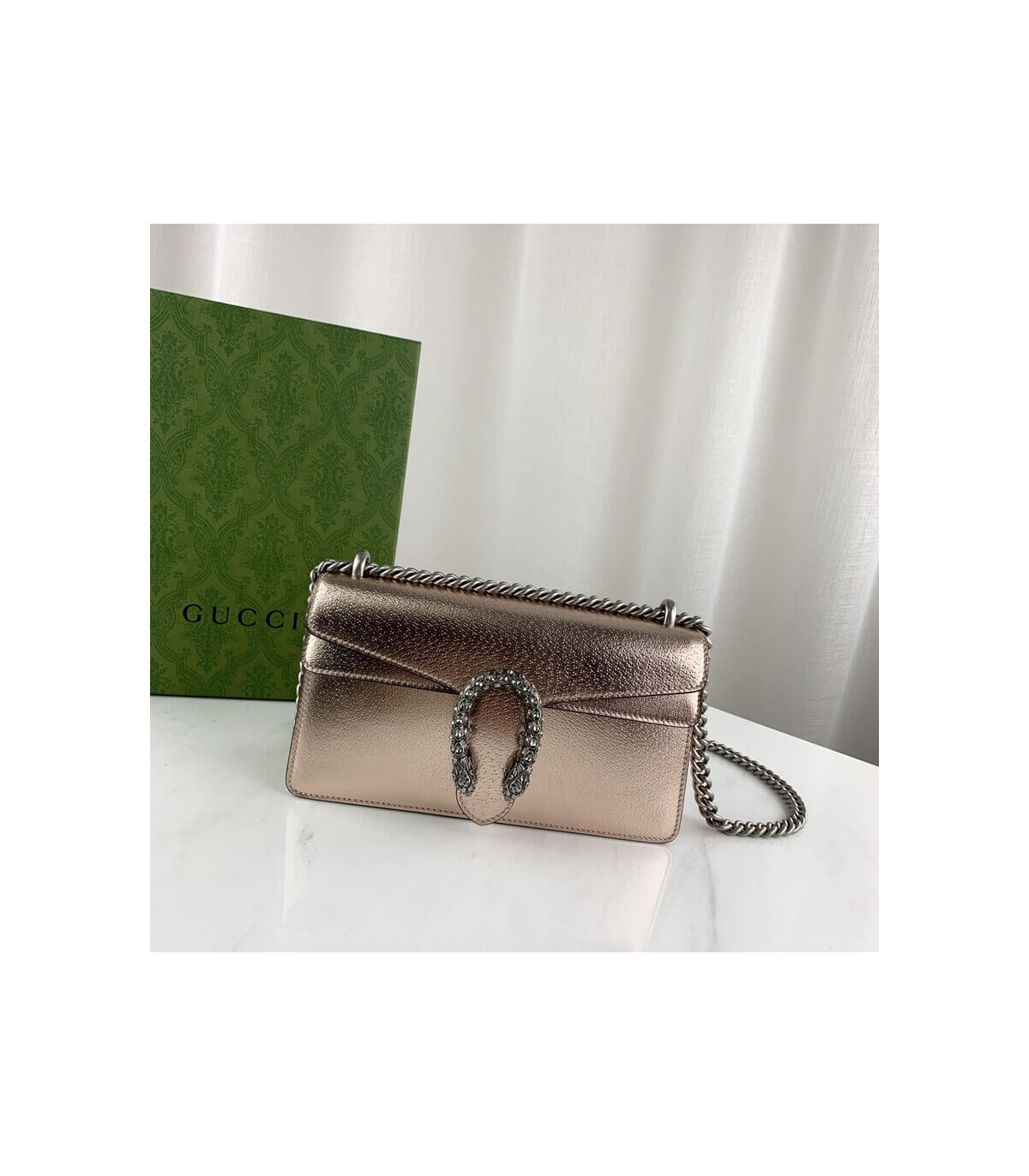 Gucci Dionysus Small Shoulder Bag in Rose Gold Lame Leather