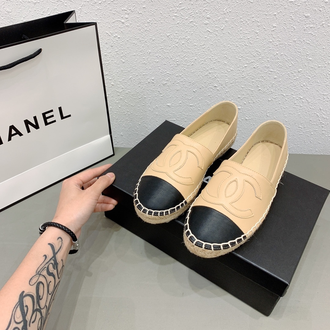 Chanel Cc Espadrilles Slip On Sheepskin Beige Black G29762 X01000 C0204