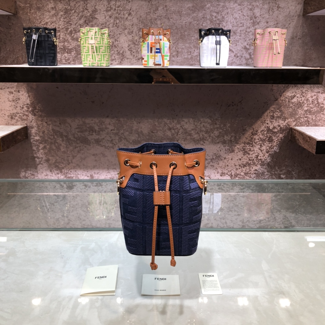 FENDI-Blue Denim FF Logo Embroidered Bucket Bag