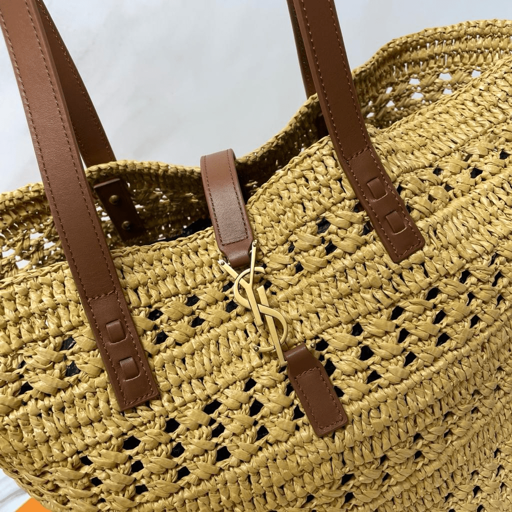 Saint Laurent Panier Medium Bag in Crochet Raffia and Smooth Leather 42cm