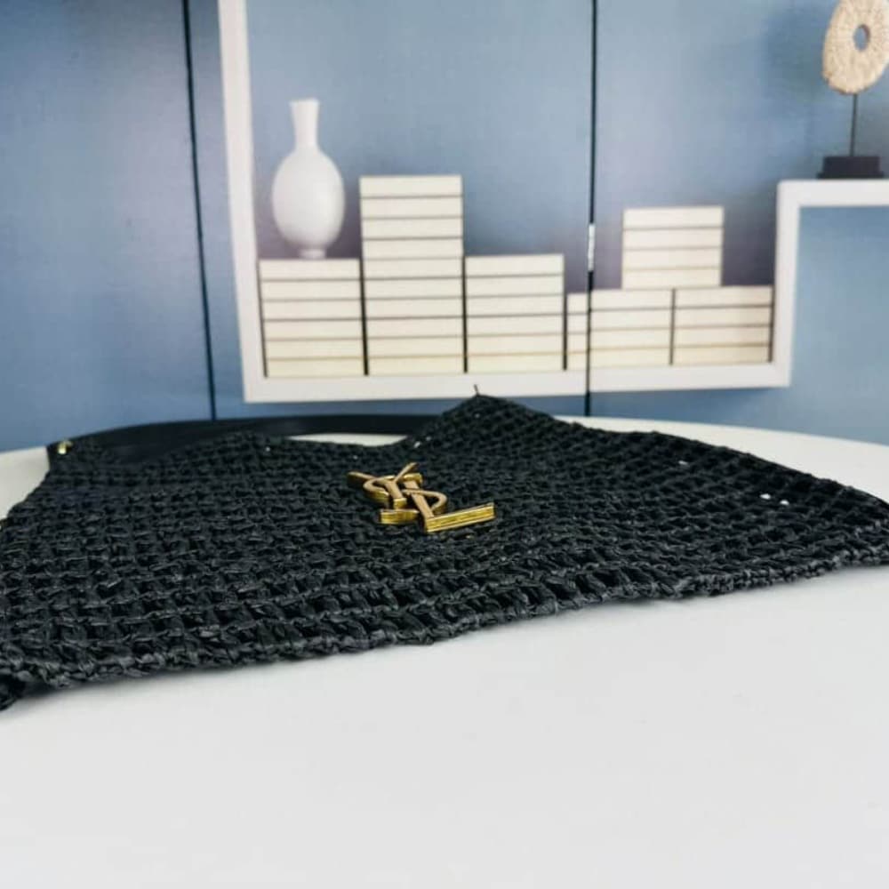 Saint Laurent Oxalis In Raffia Crochet And Leather Black 41Cm 781289Gaaea1000