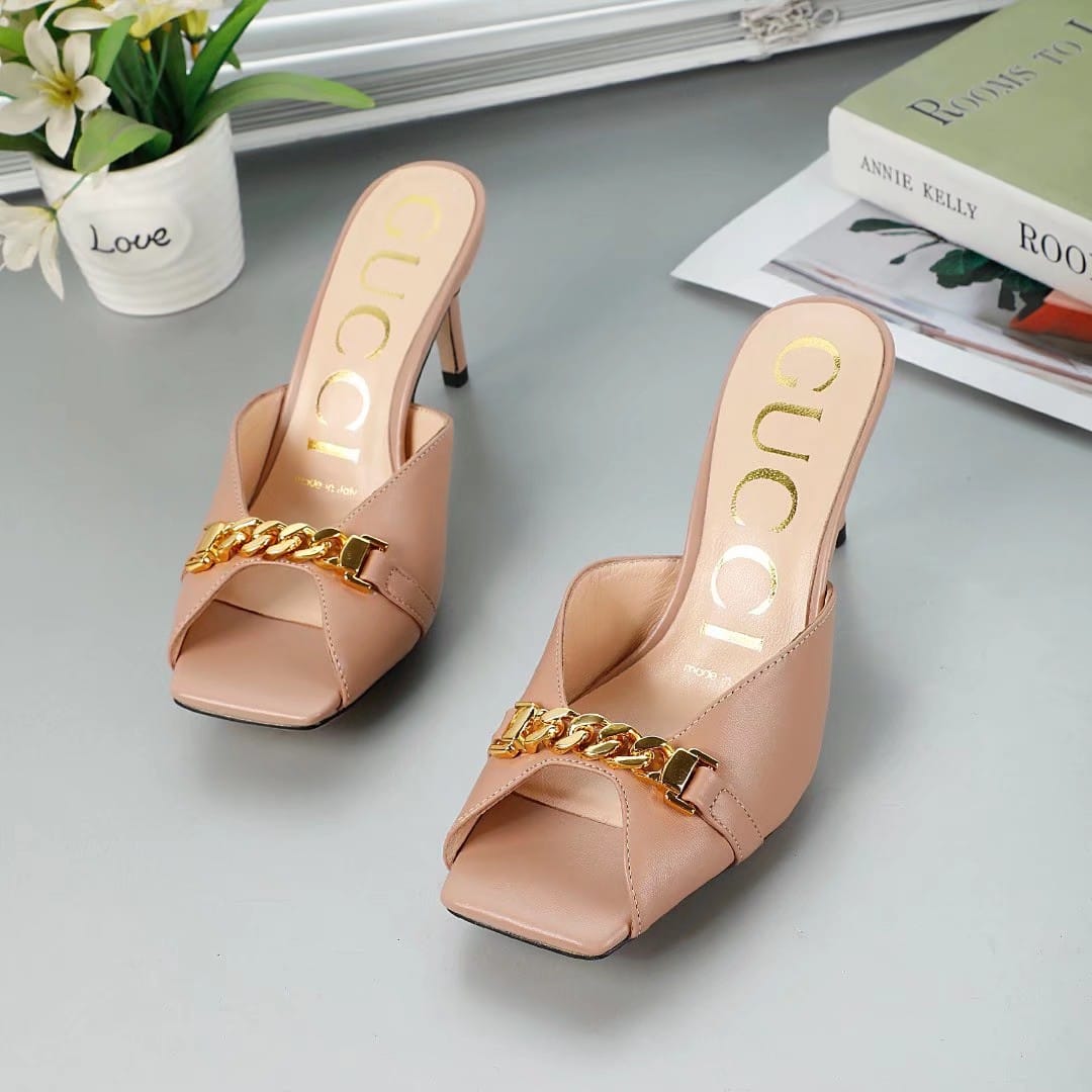 Gucci Chain Stiletto Heels Flip Flop Fish Mouth Mule Sandals Patel Pink