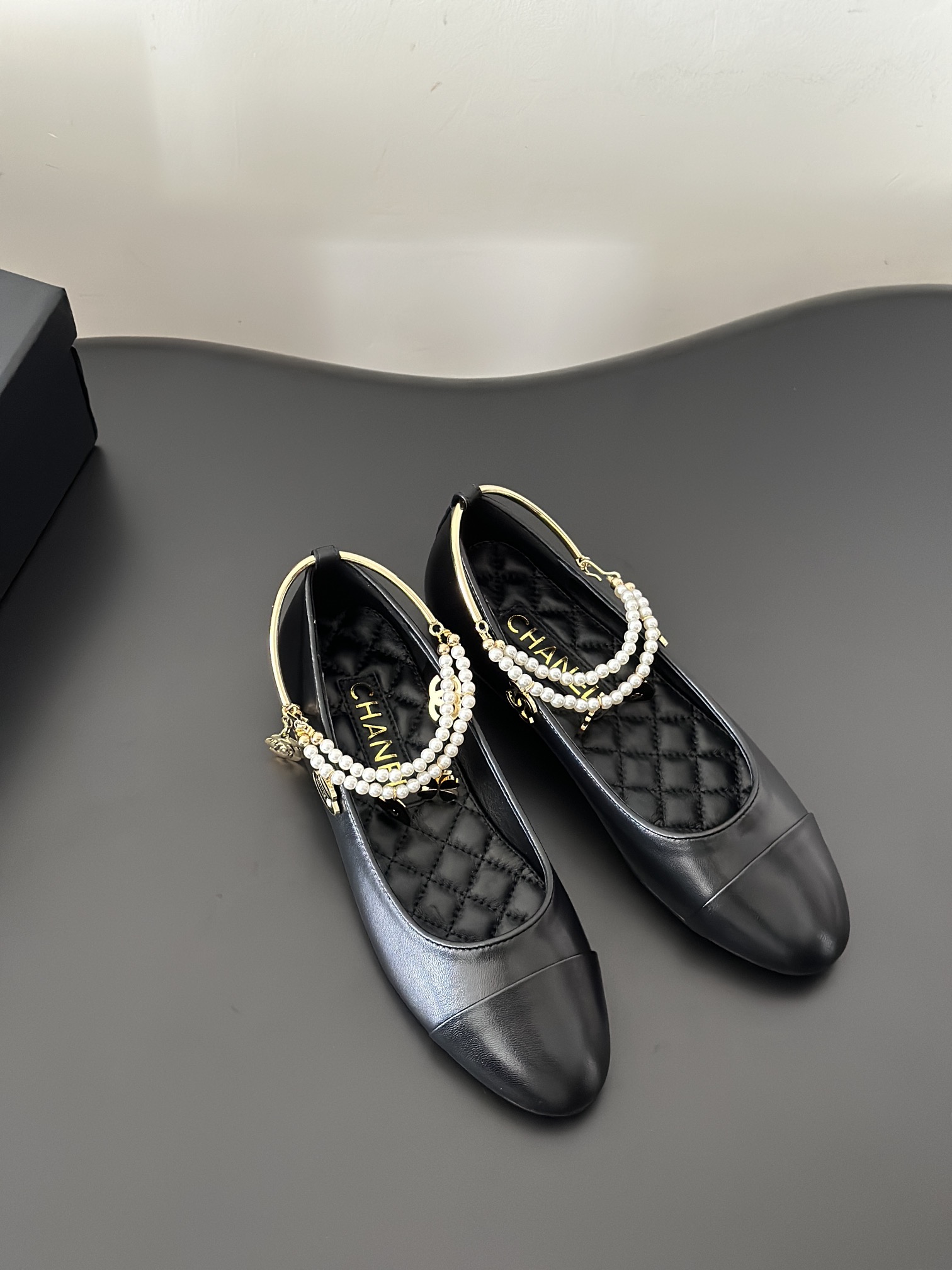 Chanel Leather Flat Black 'Pearl Embellished'