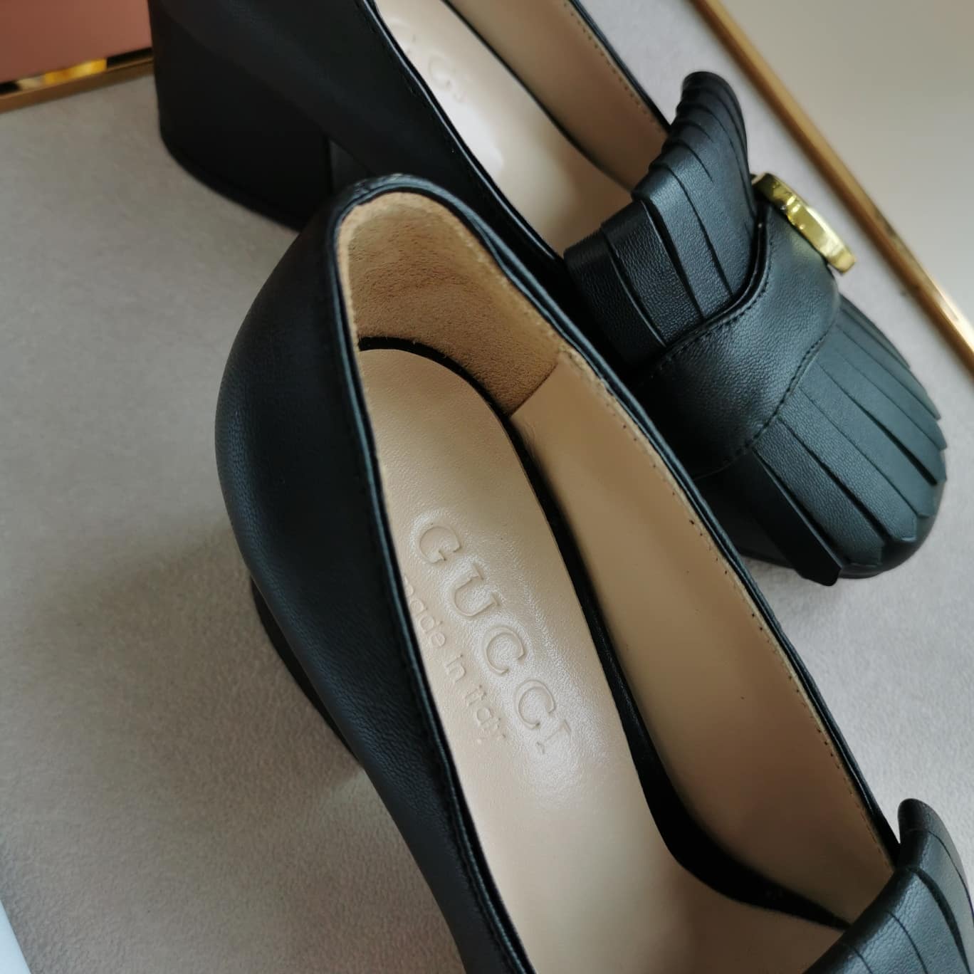 Gucci Wmns Black Leather Mid-Heel Pump 408208 C9D00 1000