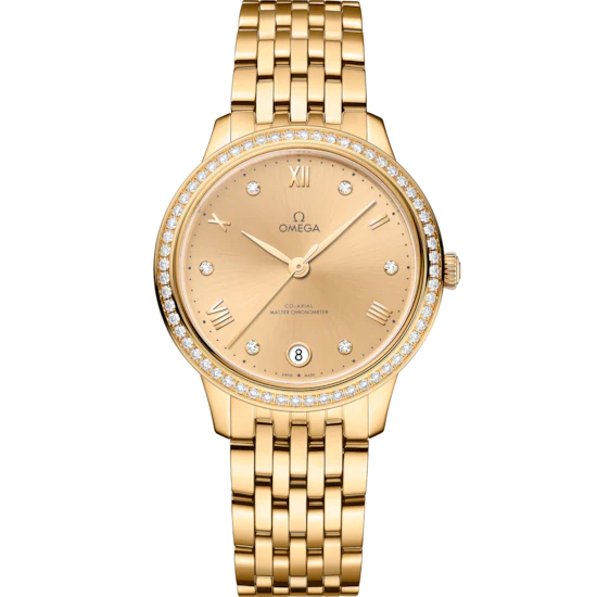 Omega De Ville Prestige 34mm Yellow Dial with Diamonds 18k Yellow Gold Bracelet 434.55.34.20.58.001