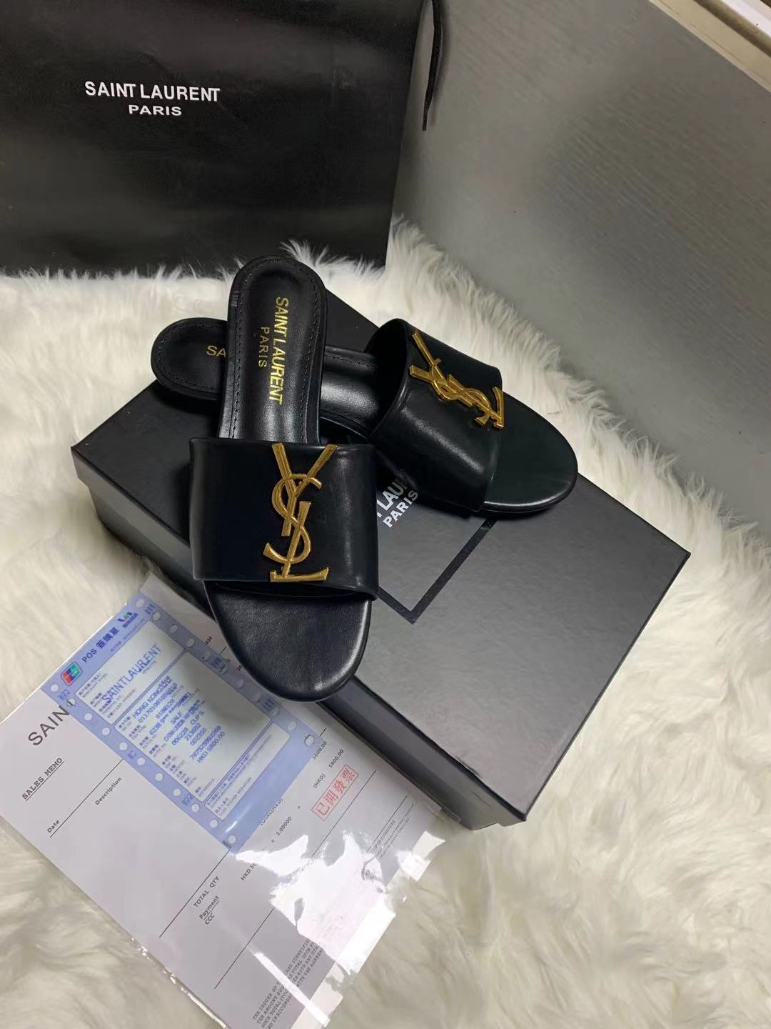 Saint Laurent Logo Slippers Black