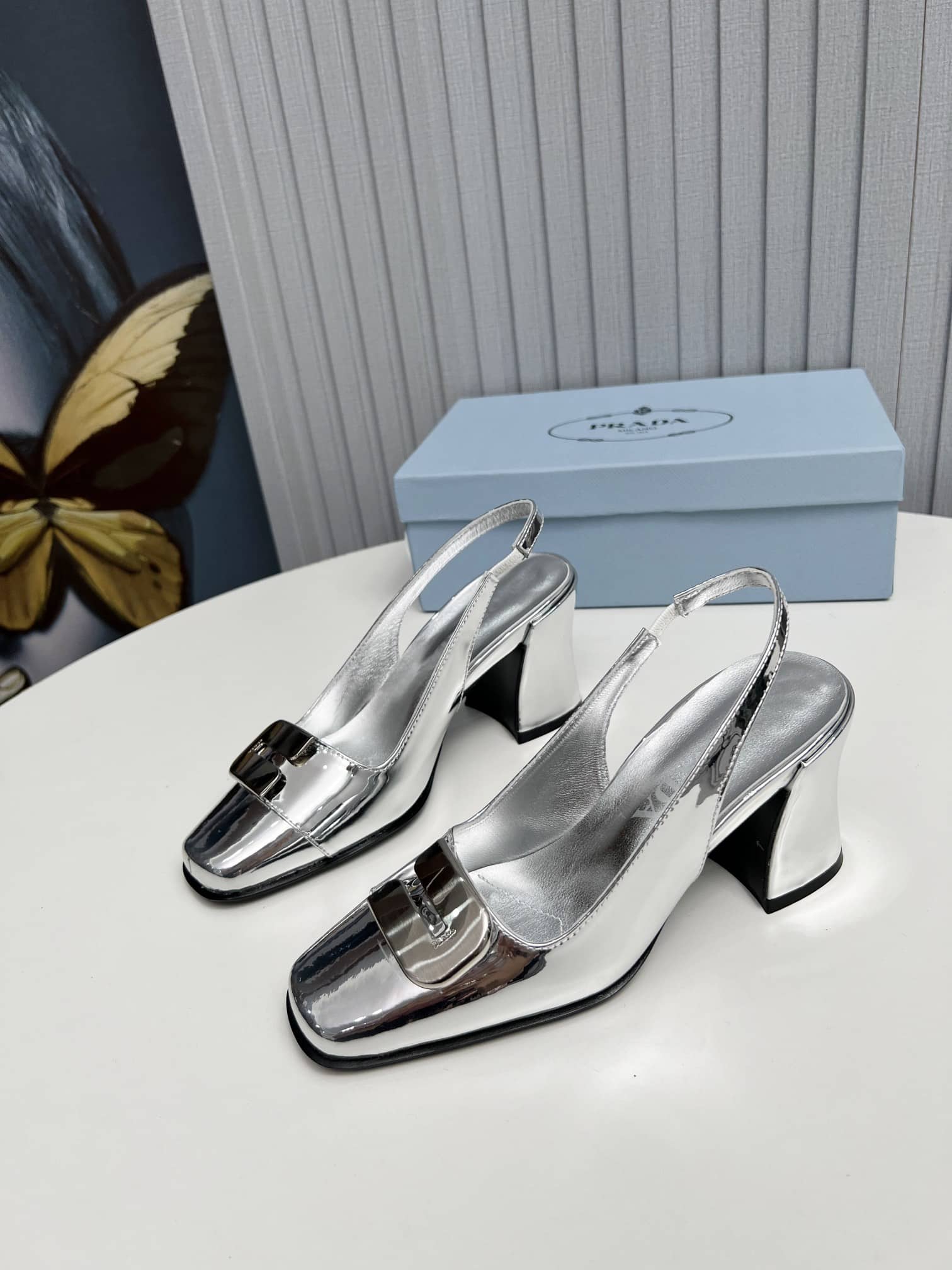 Prada Leather Slingback Pumps Silver