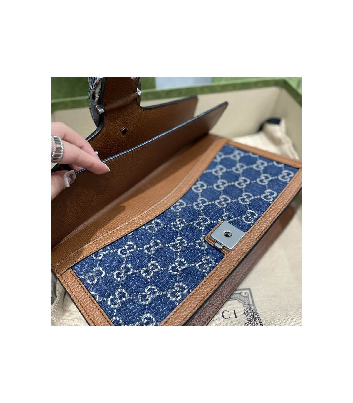 Gucci Small Dionysus Shoulder Bag in Blue Jacquard Denim 28cm