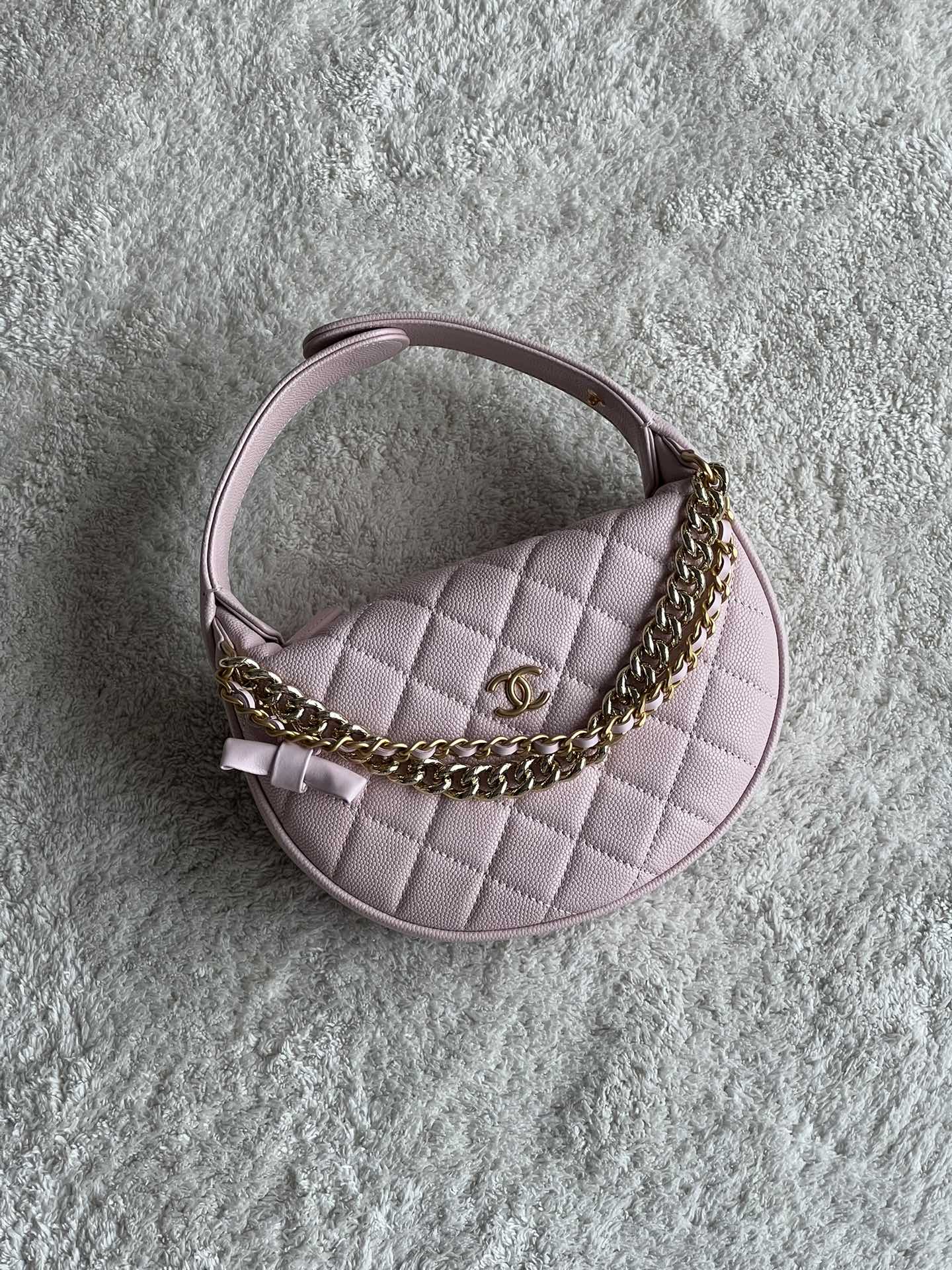 24S Half Moon Hula Hoop Bag in Pink Quilted Caviar Leather with Light Gold-Tone Hardware and Bow Detail
