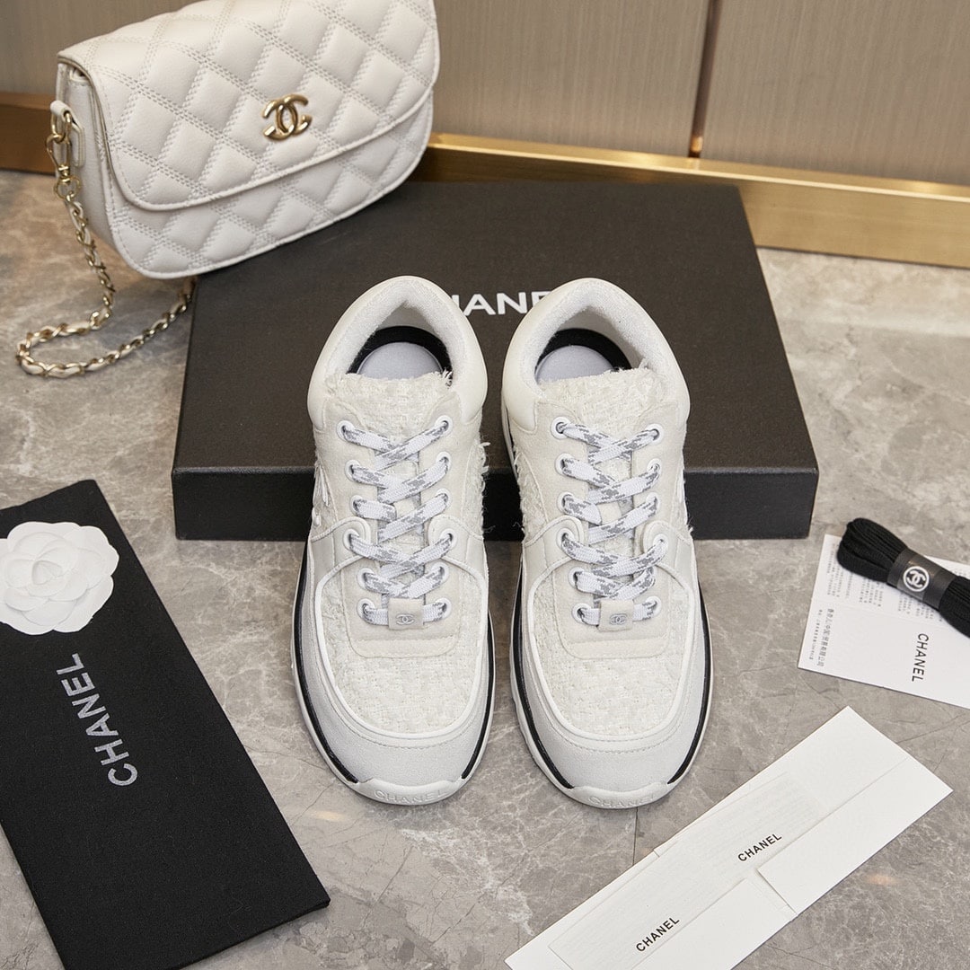 Chanel Velour Tweed Cc Sneaker White