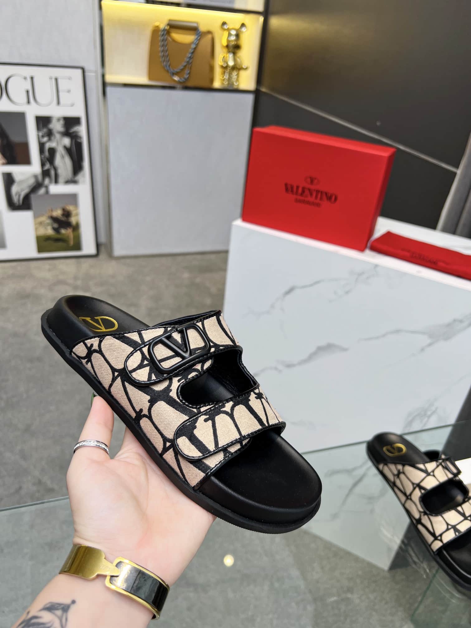 Valentino Garavani VLogo Toile Iconographe Sandal Black Beige