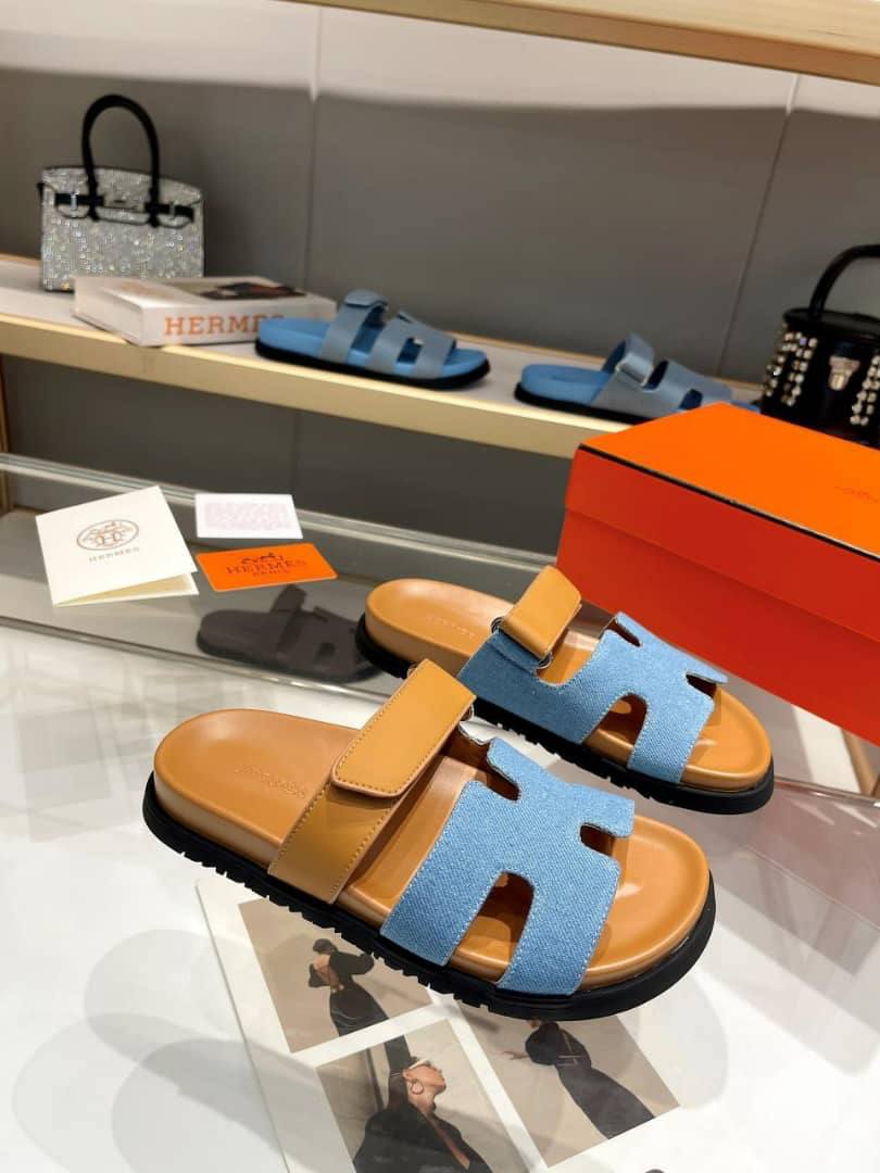 Hermes Chypre Flat Sandals Denim Brown