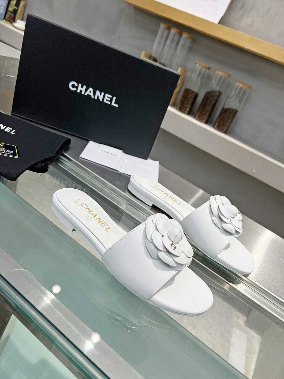Chanel Camellia Slides White