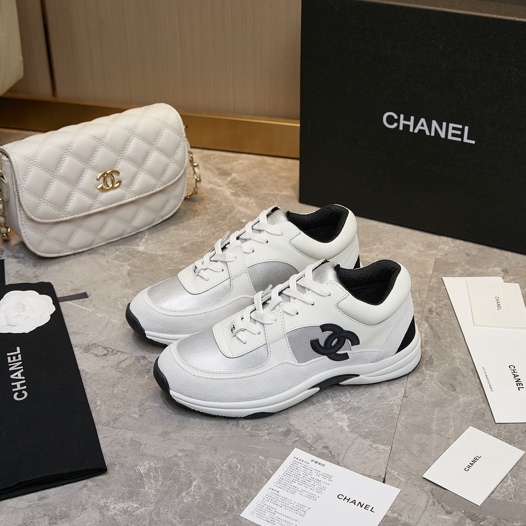 Chanel Suede And Leather Cc Low Top Sneakers White Black