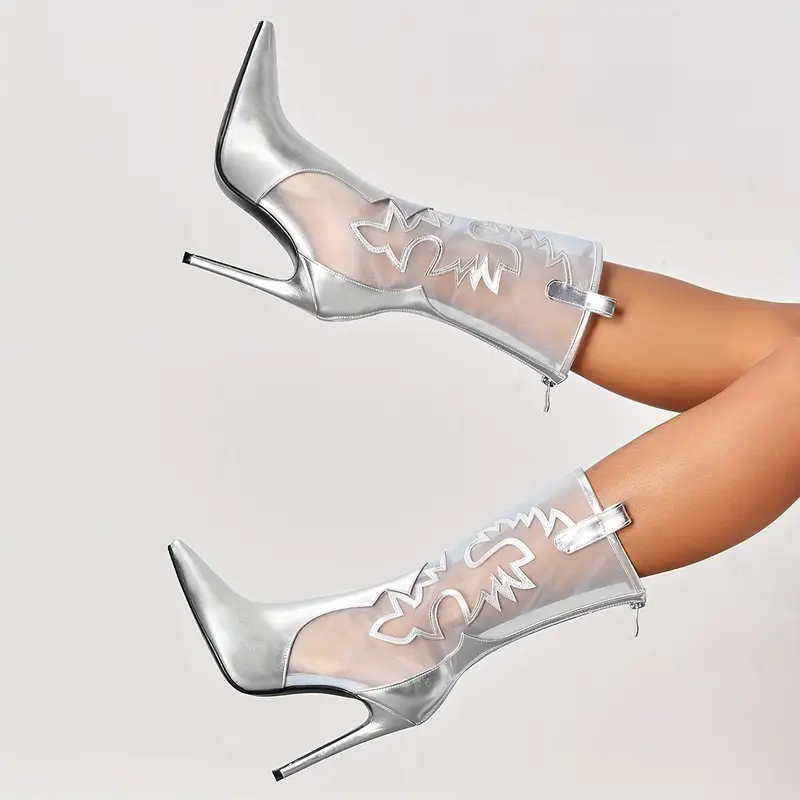 High-heeled Pointed-toe Mid-calf Boots With Back Zipper